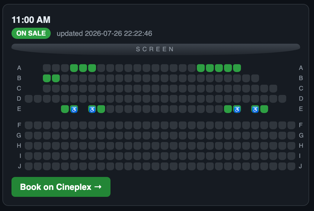 Close-up of a single showtime card: the SCREEN bar, rows A through J, with green available seats clustered in rows A and B nearest the screen, wheelchair and companion positions marked on row E, every row from F back fully sold, and a Book on Cineplex button.