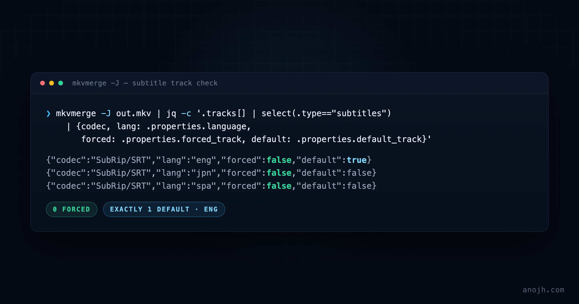 Terminal output of mkvmerge -J piped through jq, listing three SubRip subtitle tracks with forced false on every one and default true on exactly one English track.